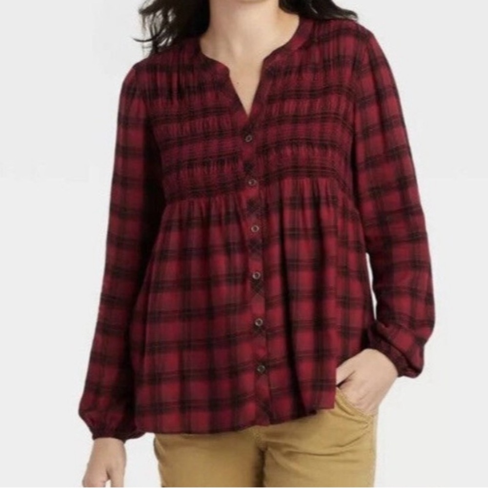 Knox Rose Red Plaid Button-Up Blouse Womens Size Medium